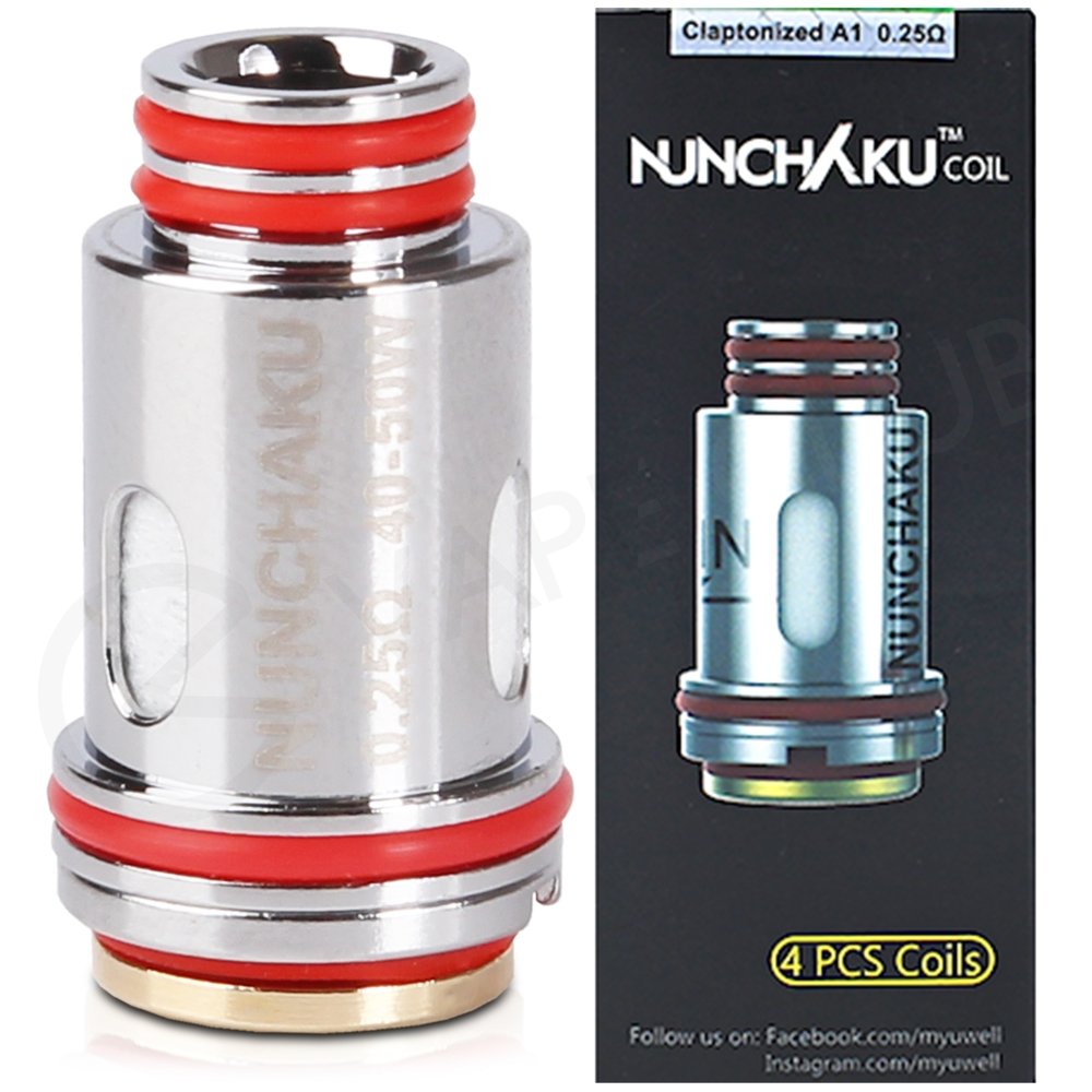 Uwell Nunchaku replacement coil, silver with red O-rings, 0.25Ω, 40-50W, next to its packaging.