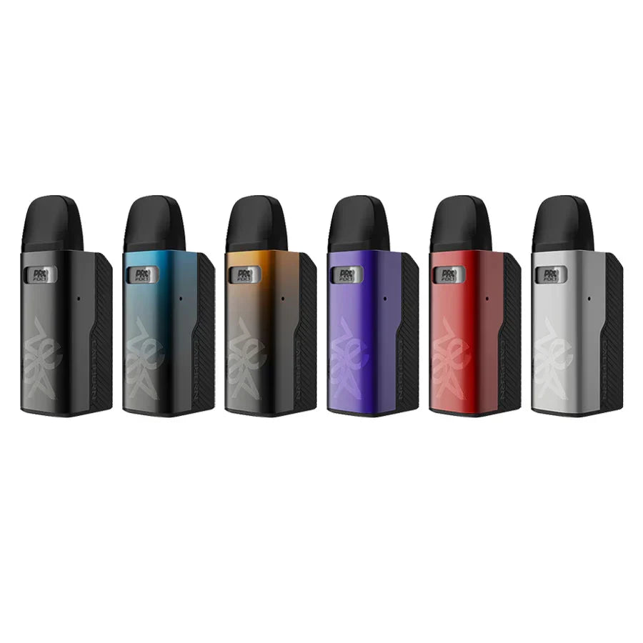 Uwell Caliburn GZ2 Pod Kit in six colors: black, blue, gold, purple, red, and silver.