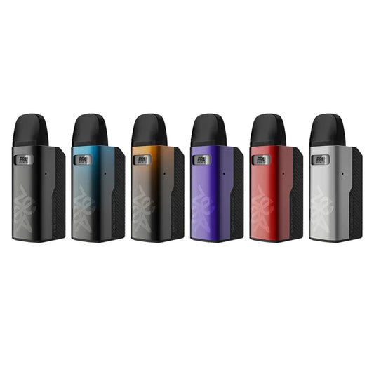 Uwell Caliburn GZ2 Pod Kit in six colors: black, blue, gold, purple, red, and silver.