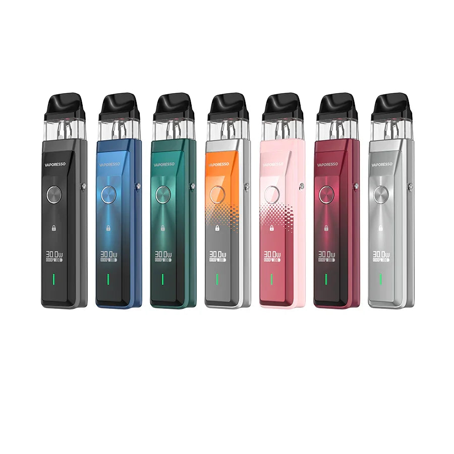 Seven Vaporesso XROS Pro Pod Kits in various colors: black, blue, green, orange, pink, red, and silver.