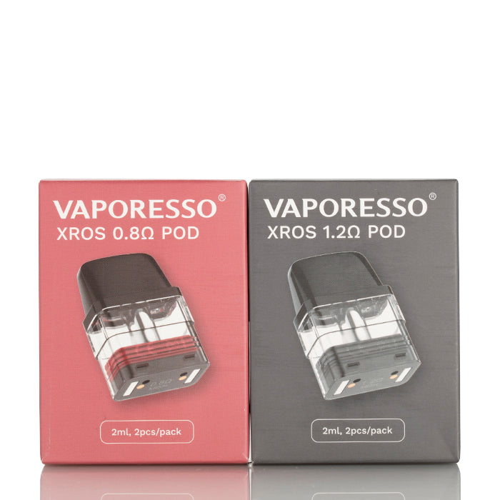 Vaporesso XROS 0.8Ω and 1.2Ω replacement pods, 2ml capacity, 2pcs/pack, in red and grey boxes.