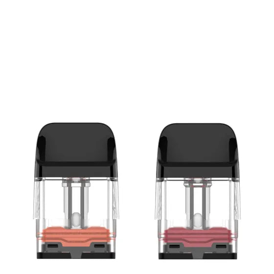 Vaporesso XROS 0.8Ω and 1.2Ω replacement pods, 2ml capacity, 2pcs/pack, in red and grey boxes.