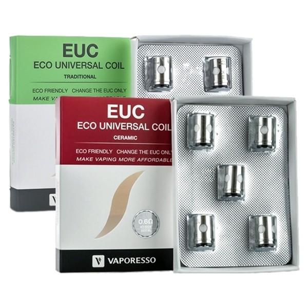 Vaporesso EUC replacement coils in green "Traditional" and red "Ceramic" packaging, each with five silver coils.
