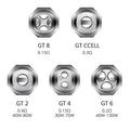 Six silver Vaporesso GT replacement coils with varying internal mesh and hole designs.