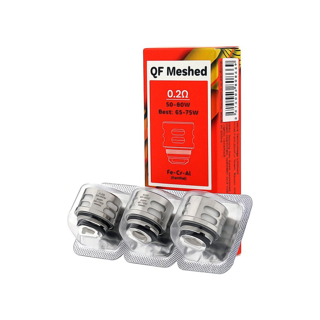 Three silver Vaporesso QF Meshed 0.2Ω replacement coils in blister packaging with a red box.