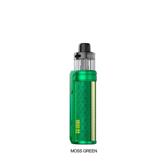 Voopoo Drag S2 Mod Pod Kit in Moss Green, featuring a textured grip and clear 5mL pod.