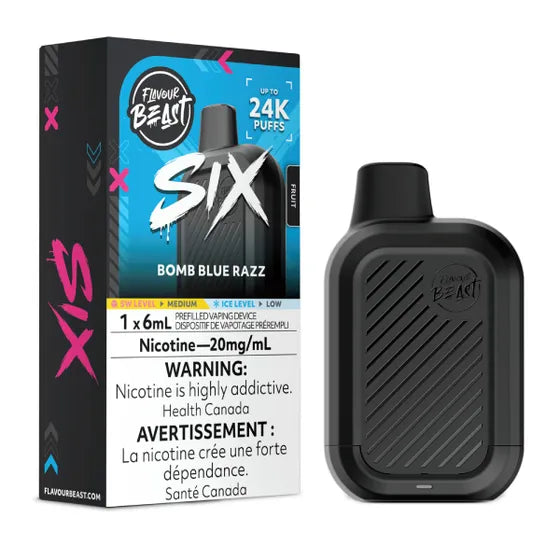 Flavour Beast SIX Bomb Blue Razz 20mg 6mL disposable vape with rechargeable battery