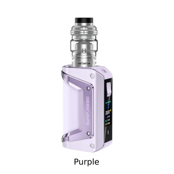 Geekvape Aegis Legend 3 200W Starter Kit in purple with a silver Cerberus tank.