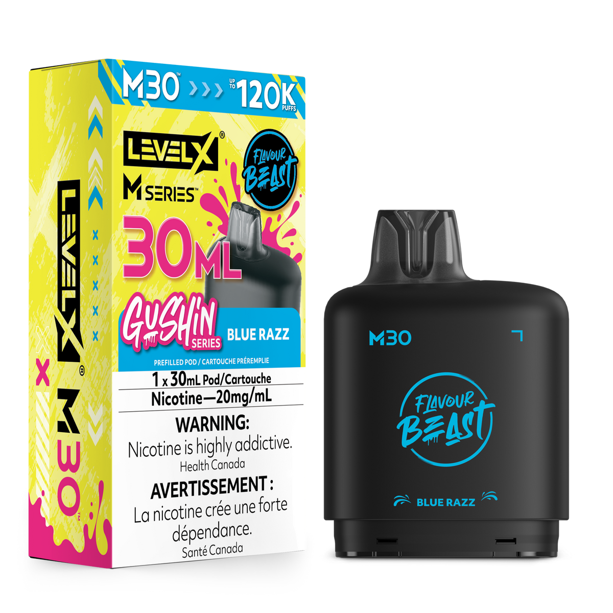 Level X M Series Gushin x Flavour Beast Blue Razz disposable vape pen next to its retail packaging box, shown on a clean white background.
