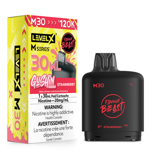 Level X M Series Gushin Strawberry disposable vape pen shown next to its retail packaging box on a plain white background.