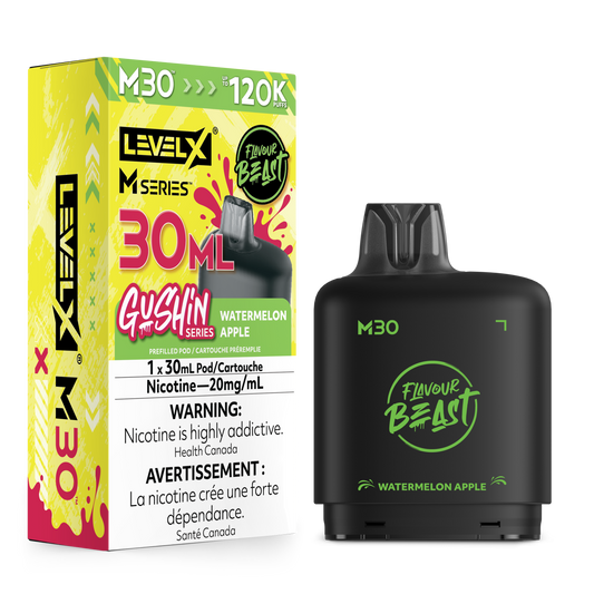 Level X M Series Gushin M30 Watermelon Apple disposable vape pen shown next to its yellow and green retail packaging box on a plain white background.