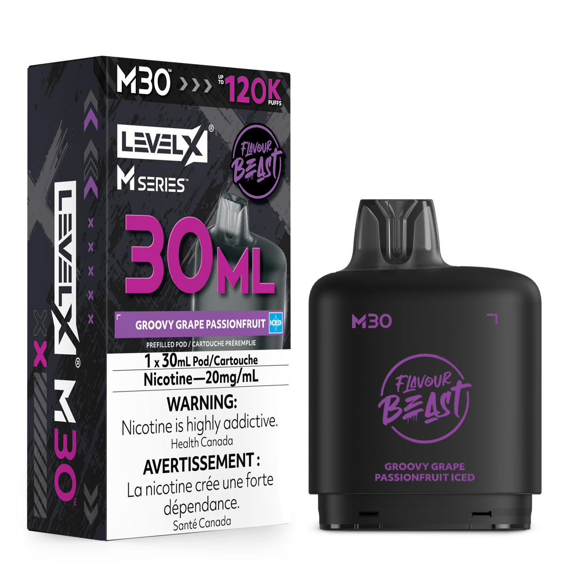 Level X M Series M30 disposable vape pen and its retail packaging box, featuring a black body with purple and pink branding for the Groovy Grape Passionfruit Iced flavor.