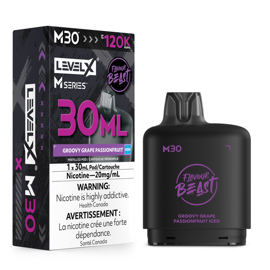 Level X M Series M30 disposable vape pen and its retail packaging box, featuring a black body with purple and pink branding for the Groovy Grape Passionfruit Iced flavor.