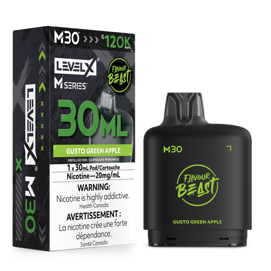 LevelX M30 vape pen and its retail packaging in green apple flavor, shown on a clean white background.