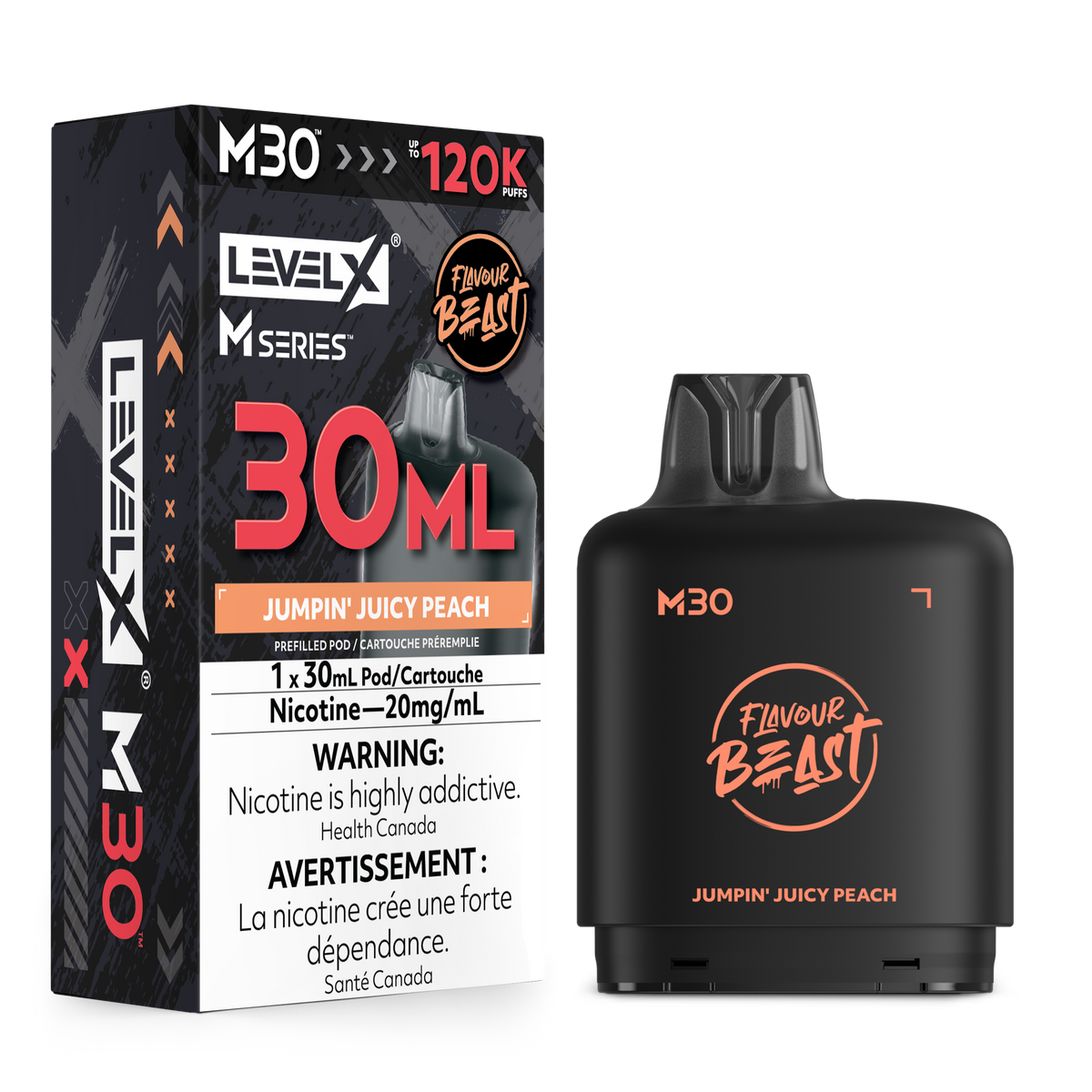 Level X M30 vape pod packaging and the black pod device itself, shown on a plain white background. The box and device feature pink and orange text for 'Packin' Peach Berry' flavor, with 'Flavour Beast' branding.