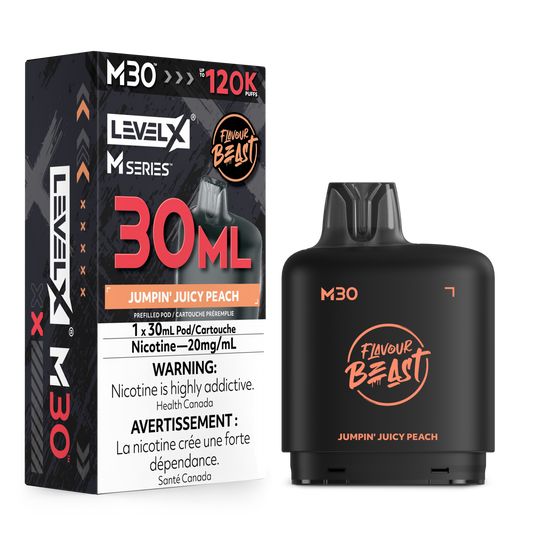 Level X M30 vape pod packaging and the black pod device itself, shown on a plain white background. The box and device feature pink and orange text for 'Packin' Peach Berry' flavor, with 'Flavour Beast' branding.