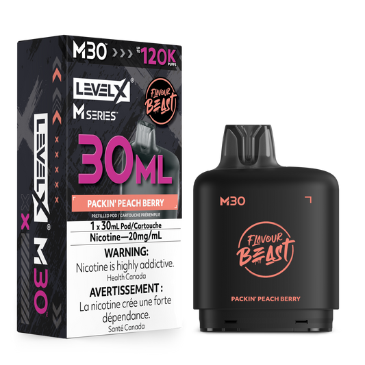 Level X M30 vape pod packaging and the black pod device itself, shown on a plain white background. The box and device feature pink and orange text for 'Packin' Peach Berry' flavor, with 'Flavour Beast' branding.