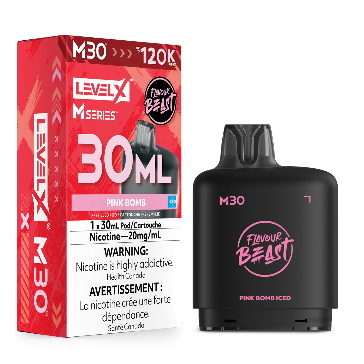 Level X M30 Pink Bomb disposable vape and its retail packaging box, shown on a clean white background. The box is red and white with pink accents, and the vape device itself is matte black with pink branding.