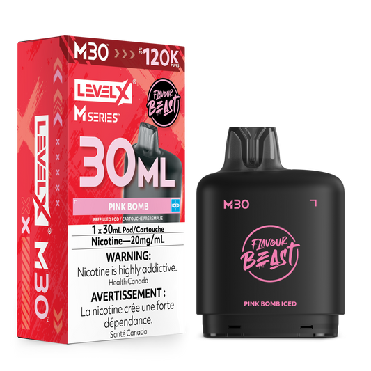 Level X M30 Pink Bomb disposable vape and its retail packaging box, shown on a clean white background. The box is red and white with pink accents, and the vape device itself is matte black with pink branding.