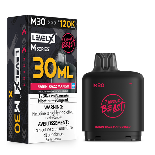 Level X M30 disposable vape device in black with a pink and white 'Flavour Beast' logo, shown next to its retail packaging box for Ragin' Razz Mango Iced.