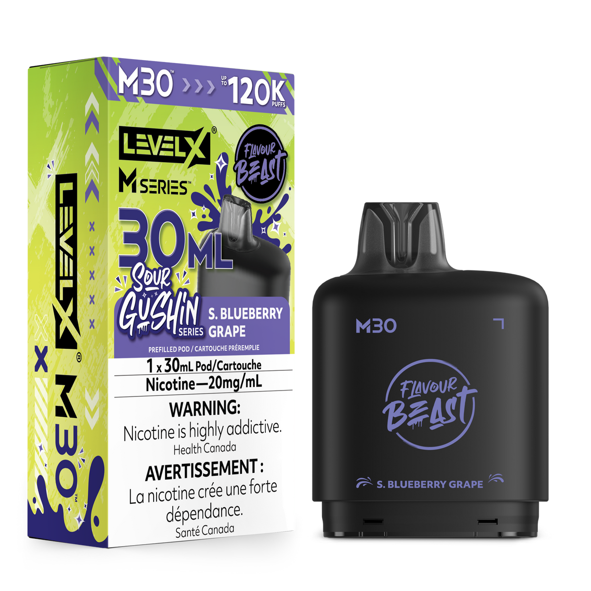 A Level X M30 disposable vape device in black next to its retail packaging box. The box is lime green and purple with text indicating 'Level X M30', '30 ml', 'Sour Guggin' flavor, and 'S.