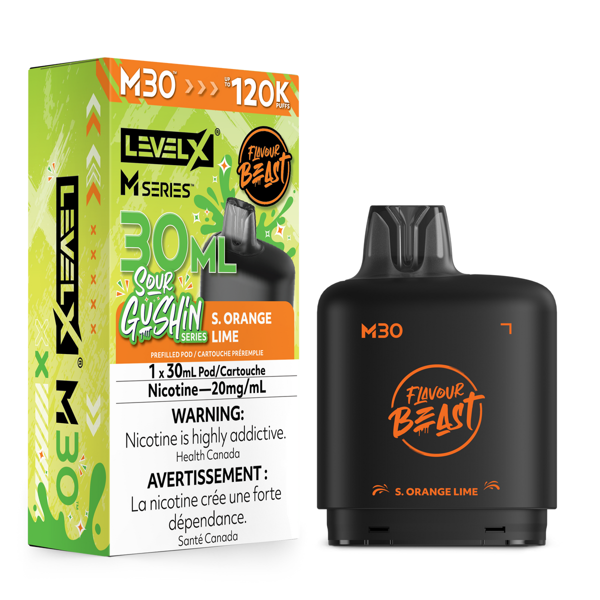 A Level X M30 disposable vape device in black with orange branding, shown next to its green and orange retail packaging box on a plain white background.