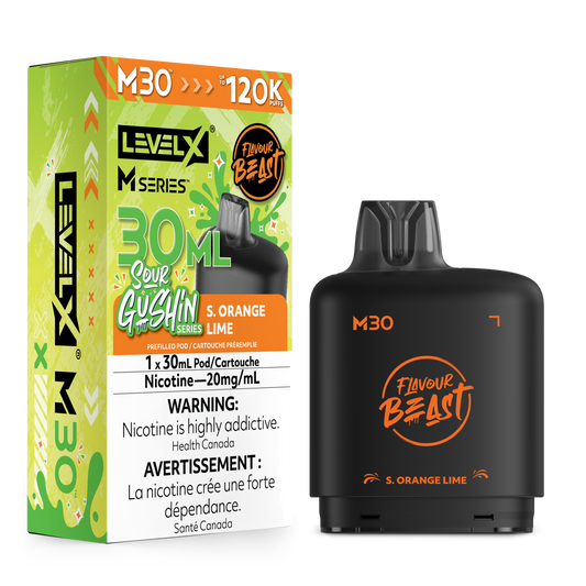 A Level X M30 disposable vape device in black with orange branding, shown next to its green and orange retail packaging box on a plain white background.