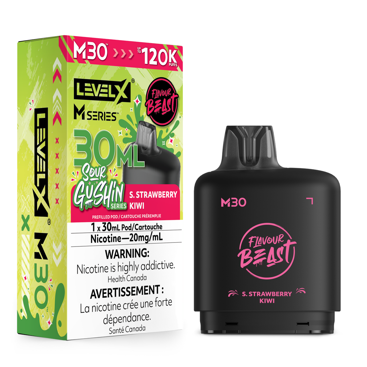 Level X M30 disposable vape pen and its packaging box in S. Strawberry Kiwi flavor, shown on a clean white background.