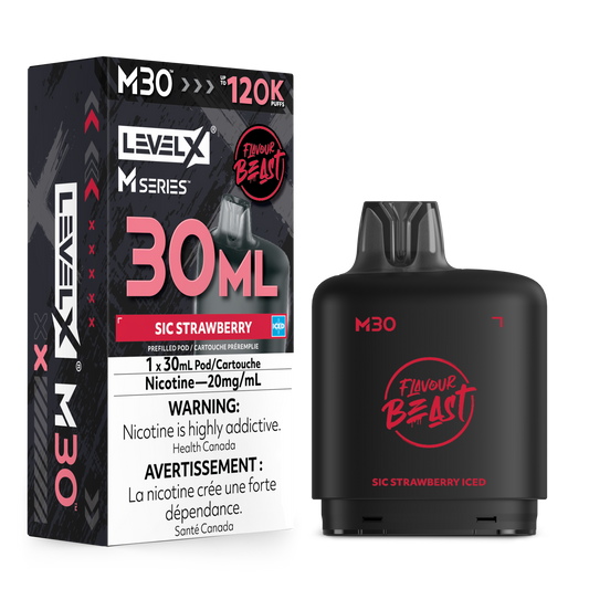 Level X M Series M30 prefilled vape pen in Sic Strawberry Iced flavor, shown next to its retail packaging box. The vape pen is matte black with red branding, and the box is black with pink and red text.
