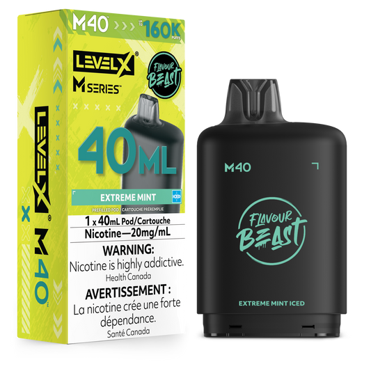 LevelX M Series M40 disposable vape pod next to its packaging box for 'Extreme Mint Iced' flavor, on a clean white background.
