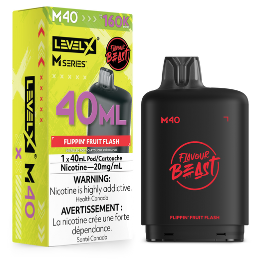 Level X M Series M40 disposable vape pod next to its original packaging box, featuring a black pod with red graphics and a bright lime green box.