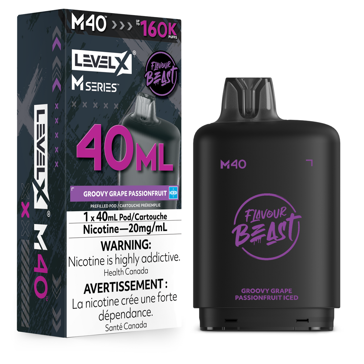 Level X M Series M40 Flavour Beast Groovy Grape Passionfruit iced pod disposable vape shown next to its retail packaging box on a plain white background.