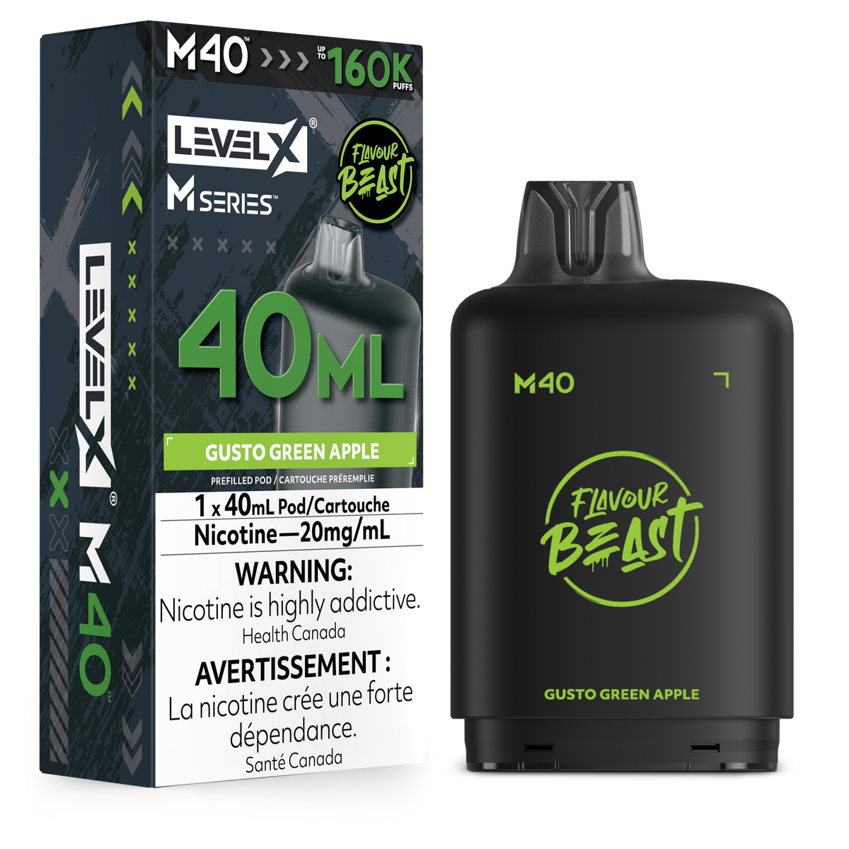 Level X M Series M40 Green Apple disposable vape pods shown next to their retail packaging box. The box is dark green and black with white and lime green text, and the vape device itself is matte black with lime green branding.
