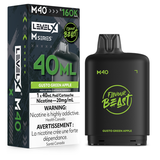 Level X M Series M40 Green Apple disposable vape pods shown next to their retail packaging box. The box is dark green and black with white and lime green text, and the vape device itself is matte black with lime green branding.