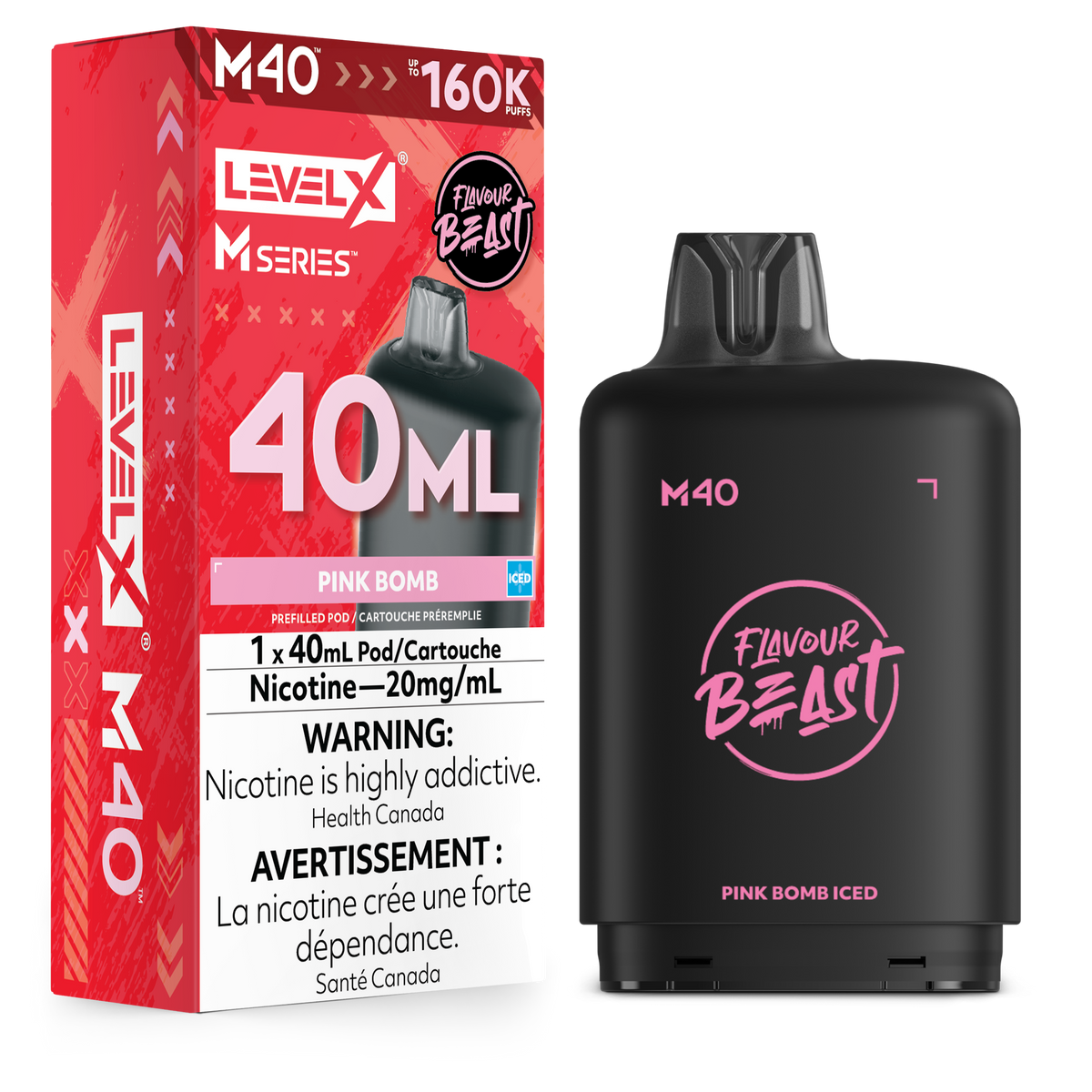 Level X M Series M40 Flavour Beast Pink Bomb disposable vape packaging box next to the actual black vape pod device with pink branding, on a plain white background.