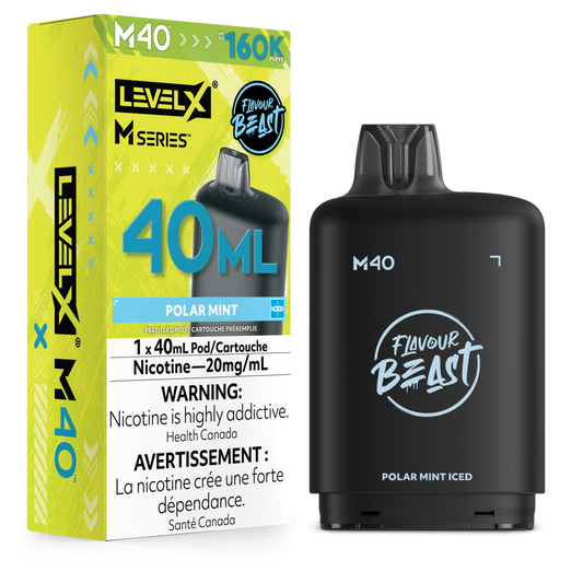 LevelX M Series M40 Flavour Beast Polar Mint Iced disposable vape pod next to its bright yellow and green retail packaging box.