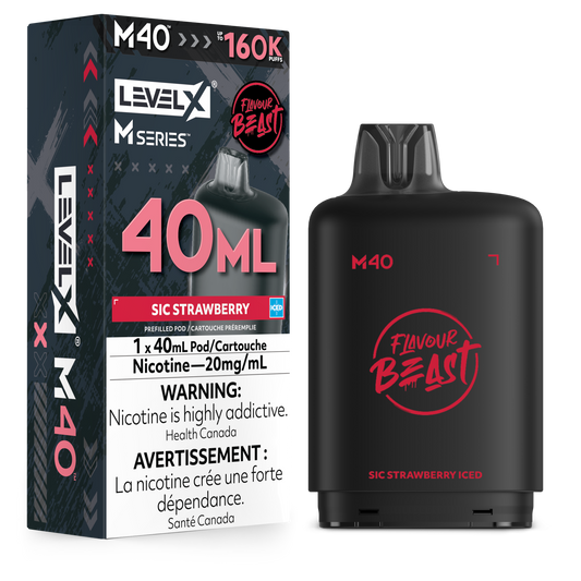 Level X M Series M40 prefilled vape pod packaging and the actual black vape pod with red 'Flavour Beast' branding, shown on a clean white background.