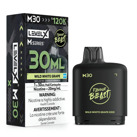Level X M30 prefilled vape pen and its retail packaging in Wild White Grape flavor, shown on a clean white background.