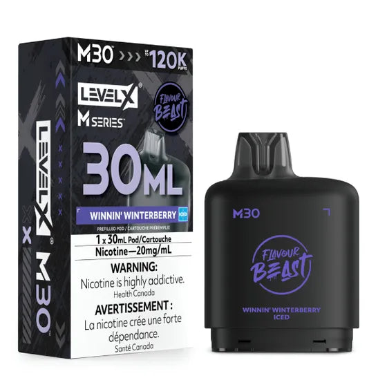 Level X M30 disposable vape device in Winnin' Winterberry Iced flavor next to its retail packaging box, shown on a clean white background.