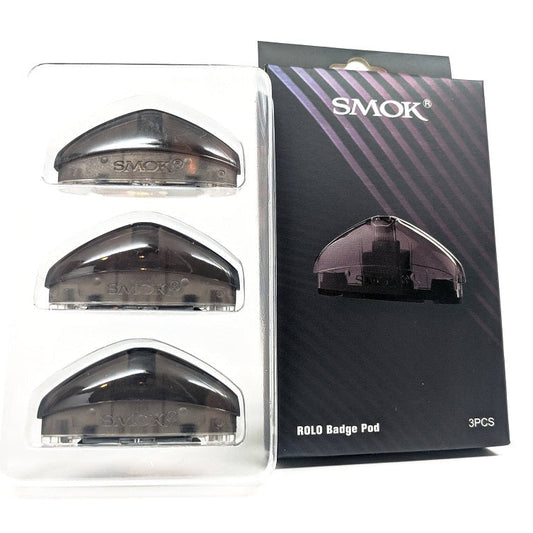 SMOK Rolo Badge Replacement Pods, a 3-pack of dark, translucent pods in clear packaging next to the black box.